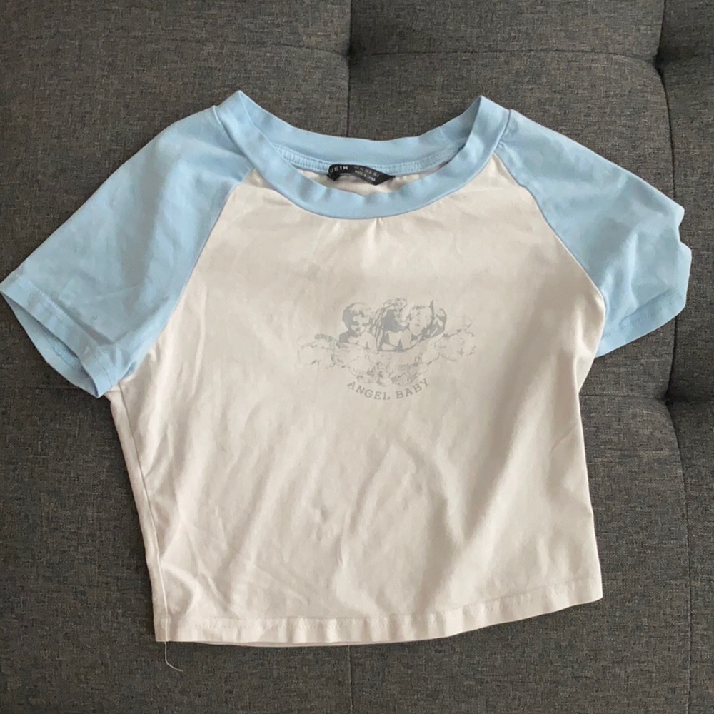 blue and white angel shirt
